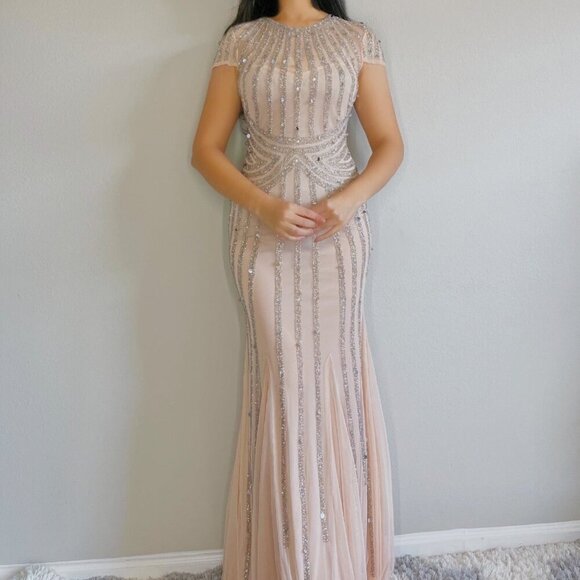 Dresses & Skirts - Cream Crystal Rhinestone Maxi Evening Dress